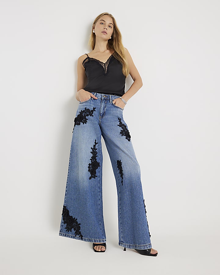 River Island Blue Low Rise Baggy Floral Applique Jeans