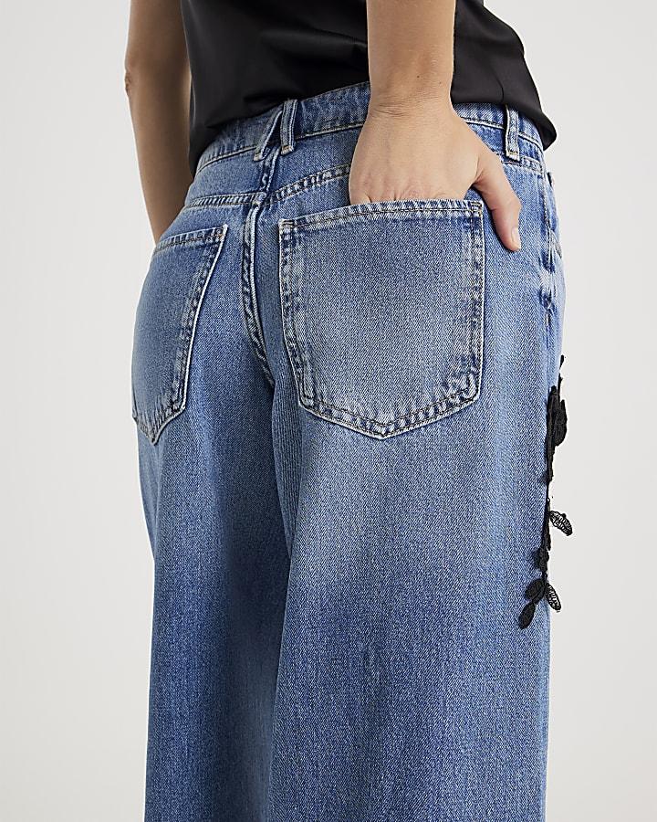 River Island Blue Low Rise Baggy Floral Applique Jeans