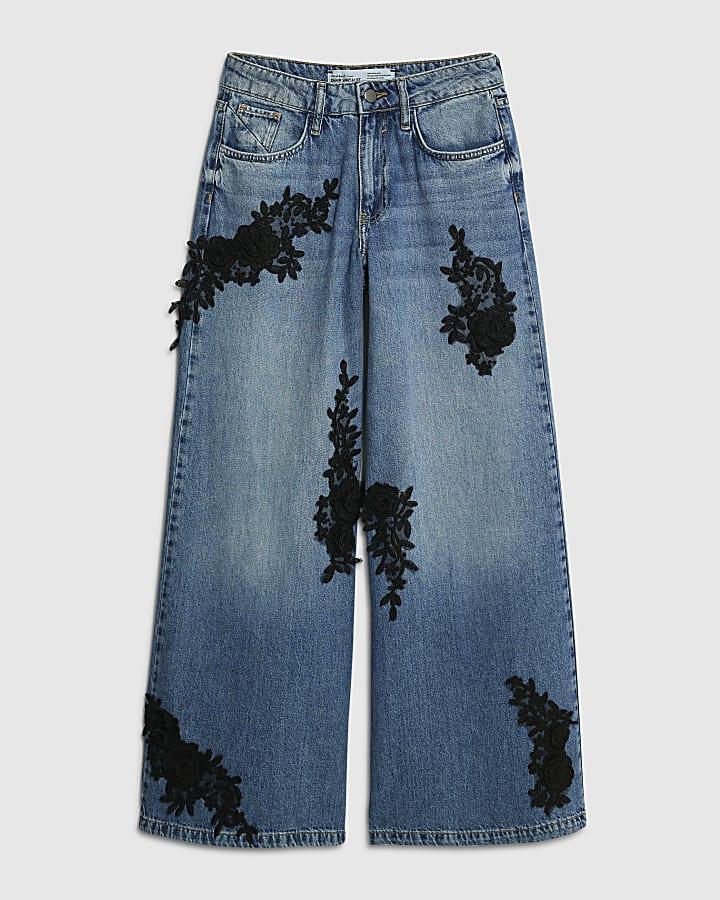 river island Blue Low Rise Baggy Floral Applique Jeans
