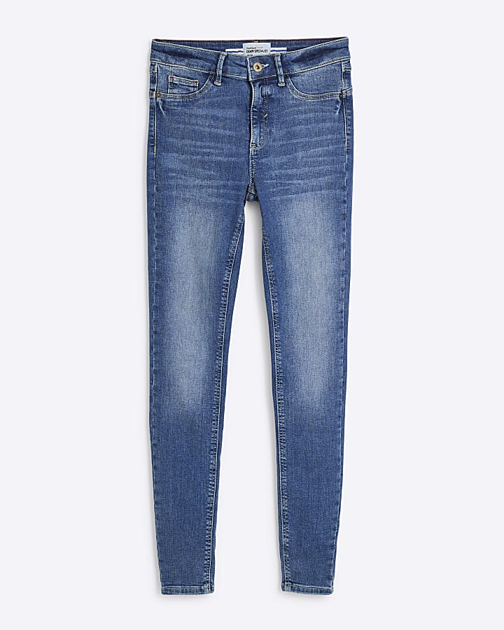 river island Blue Mid Rise Molly Bum Sculpt Skinny Jeans