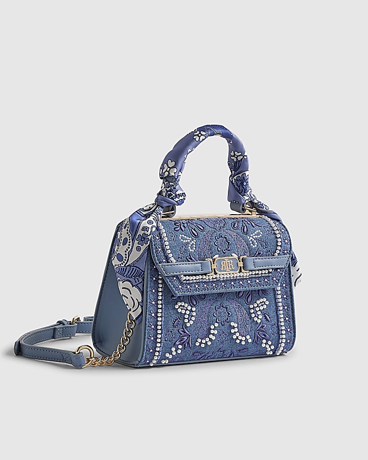 River Island Blue Mini Embroidered Cross Body Tote Bag