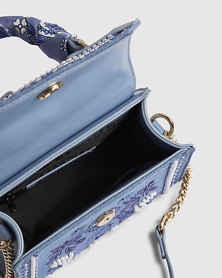 river island Blue Mini Embroidered Cross Body Tote Bag
