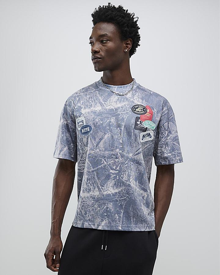 River Island Blue Oversized Fit Camouflage Badges T-Shirt