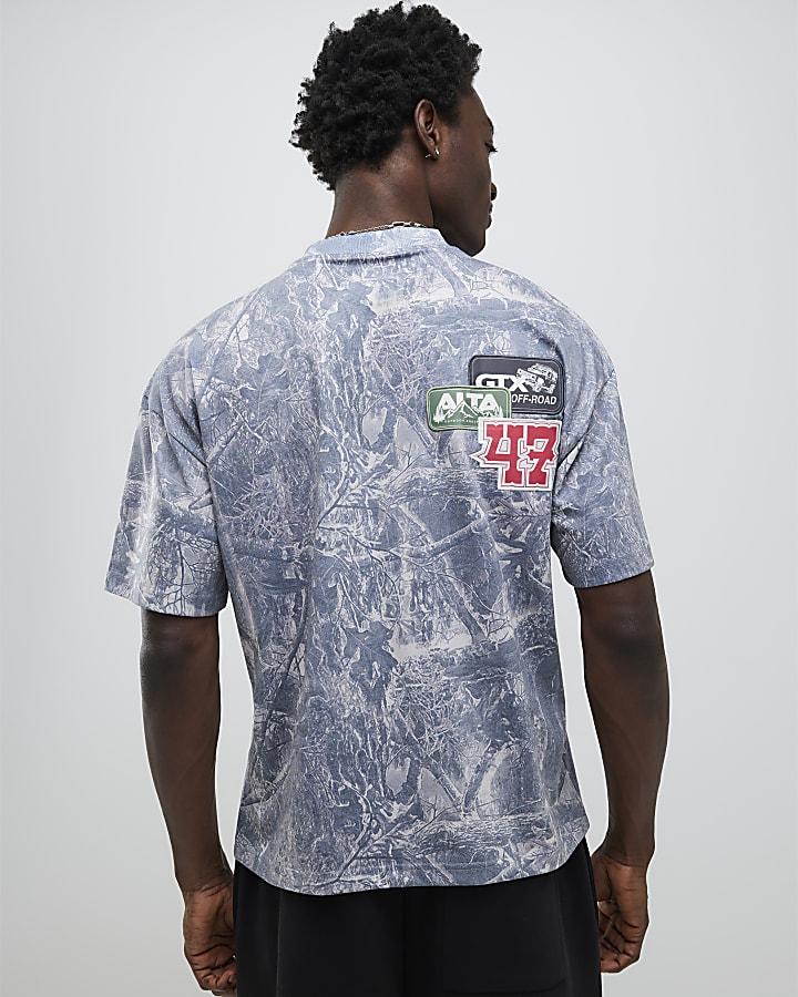 River Island Blue Oversized Fit Camouflage Badges T-Shirt