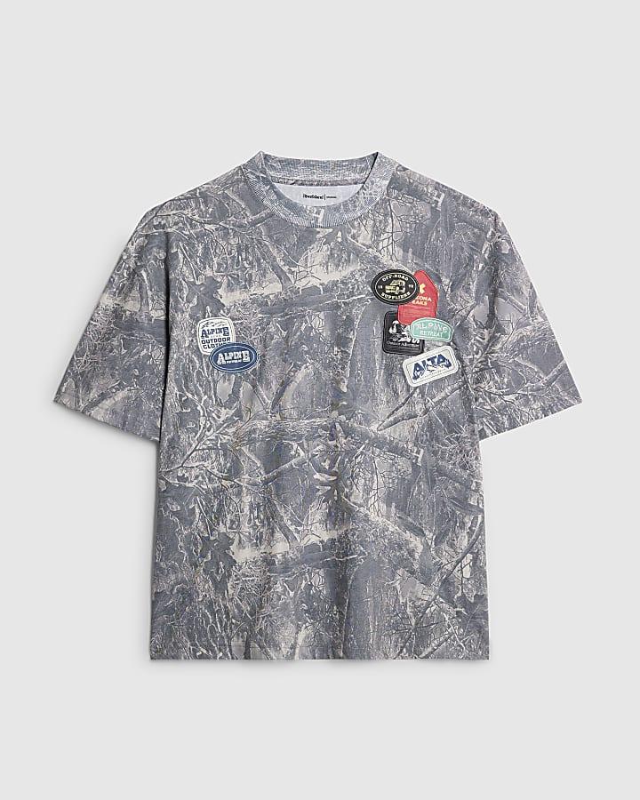 river island Blue Oversized Fit Camouflage Badges T-Shirt