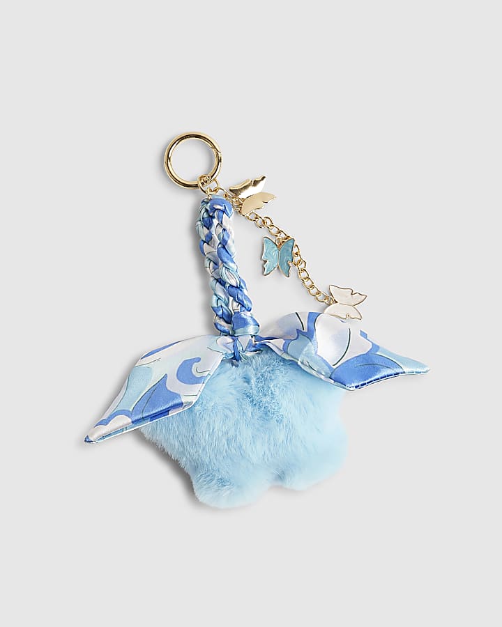River Island Blue Pom Pom Plaited Scarf Butterfly Charm