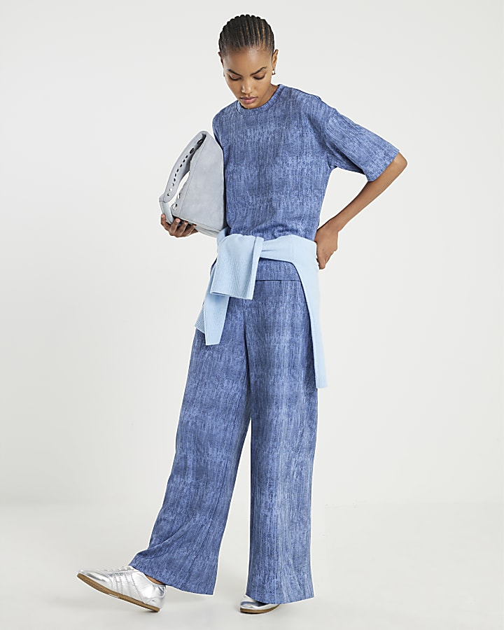 River Island Blue Premium Crinkle Effect Boxy Fit T-shirt