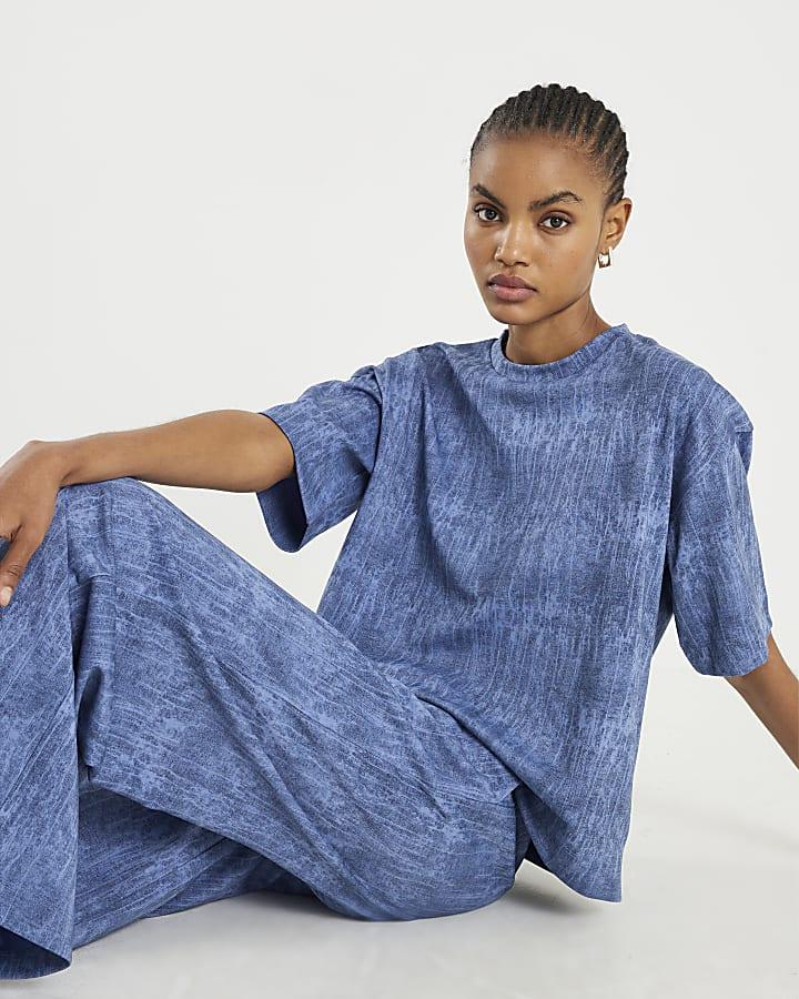 River Island Blue Premium Crinkle Effect Boxy Fit T-shirt