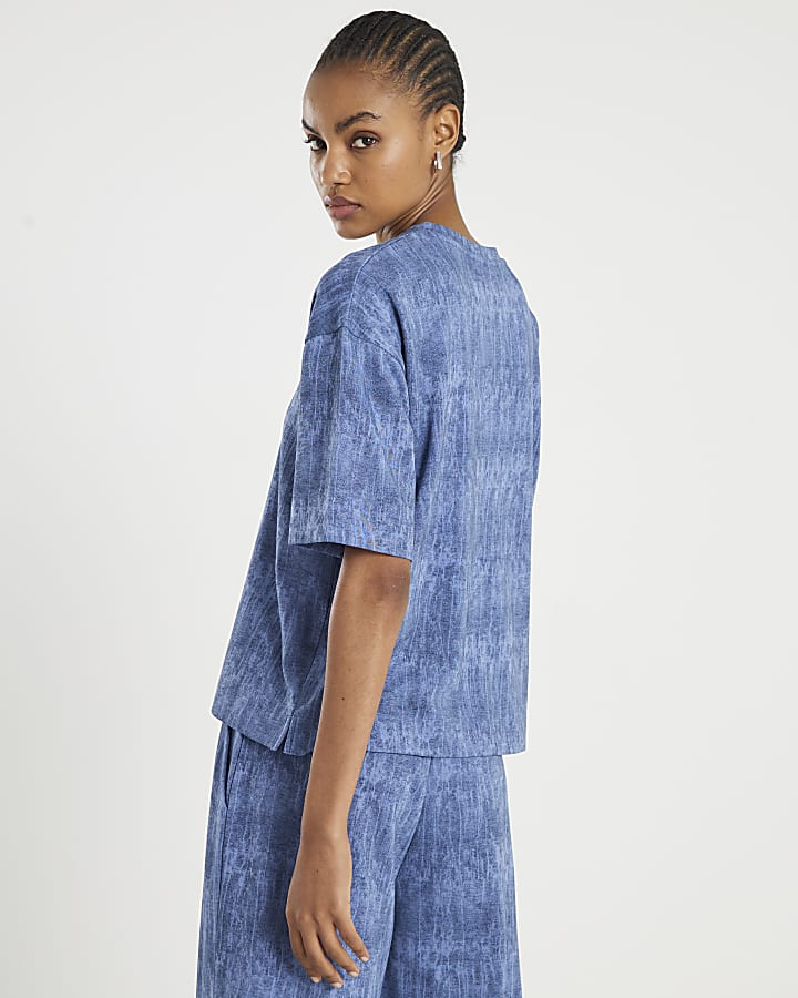 River Island Blue Premium Crinkle Effect Boxy Fit T-shirt