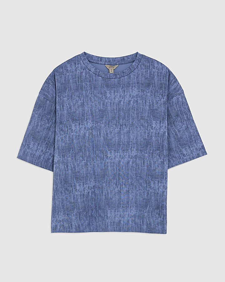 river island Blue Premium Crinkle Effect Boxy Fit T-shirt