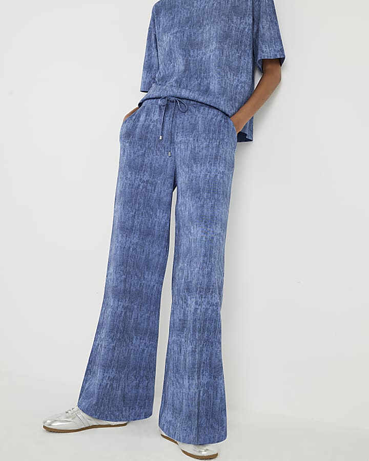 River Island Blue Premium Crinkle Effect Wide Leg Joggers