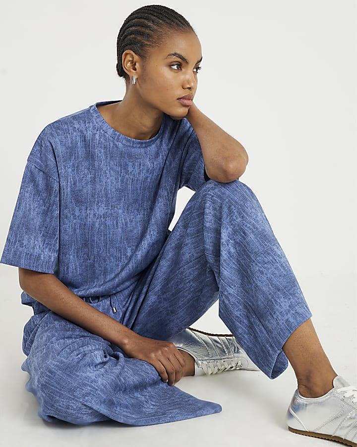 River Island Blue Premium Crinkle Effect Wide Leg Joggers