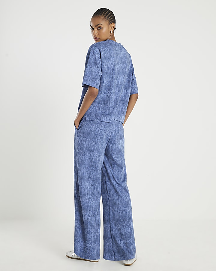 River Island Blue Premium Crinkle Effect Wide Leg Joggers