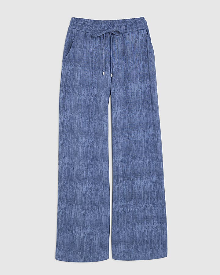 river island Blue Premium Crinkle Effect Wide Leg Joggers