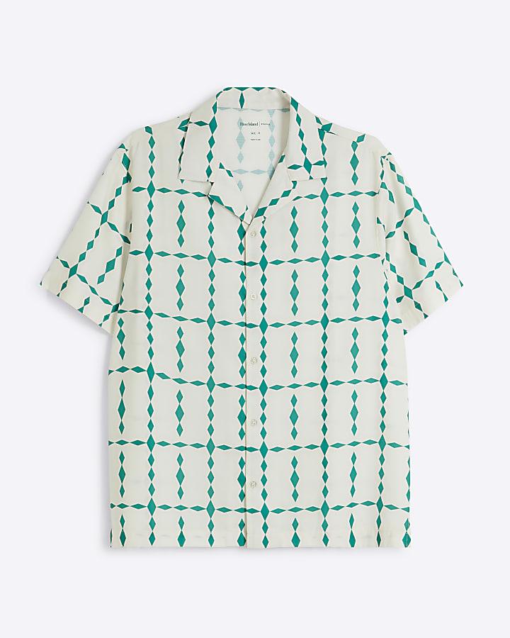 river island Blue regular fit diamond print revere shirt