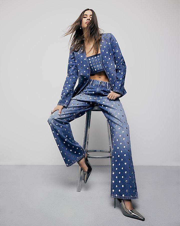 River Island Blue Relaxed Straight Leg Studded Jeans