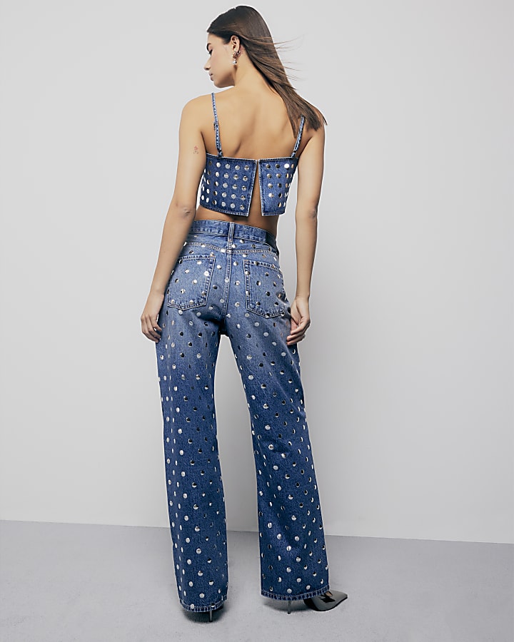 River Island Blue Relaxed Straight Leg Studded Jeans