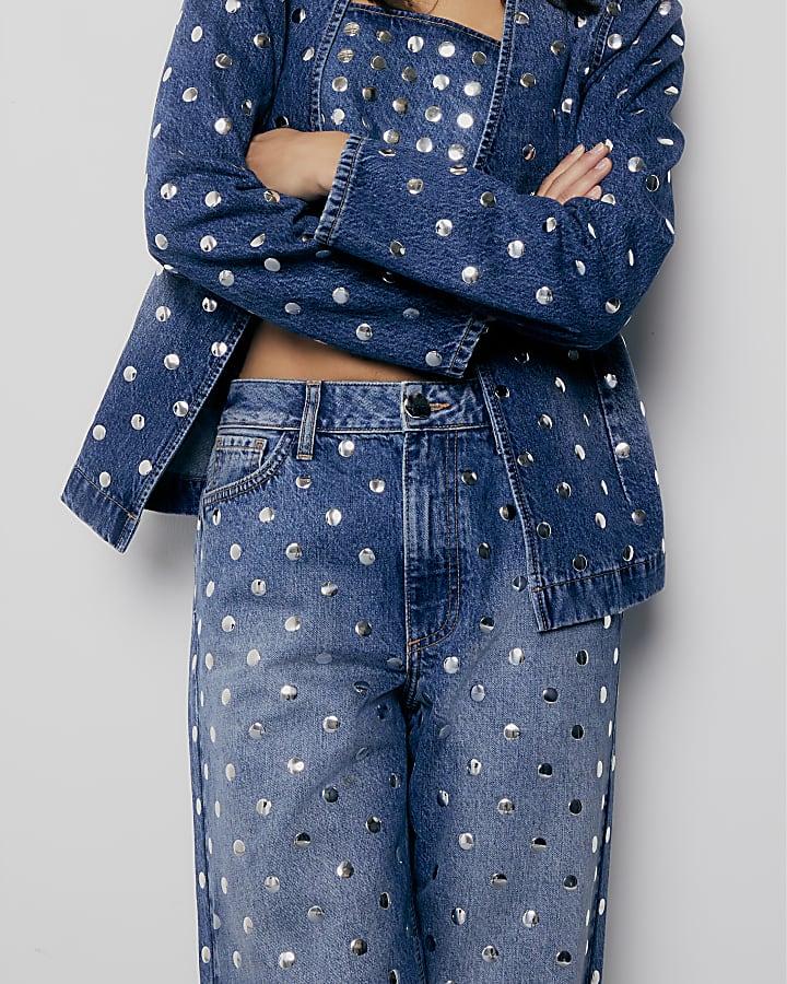 River Island Blue Relaxed Straight Leg Studded Jeans