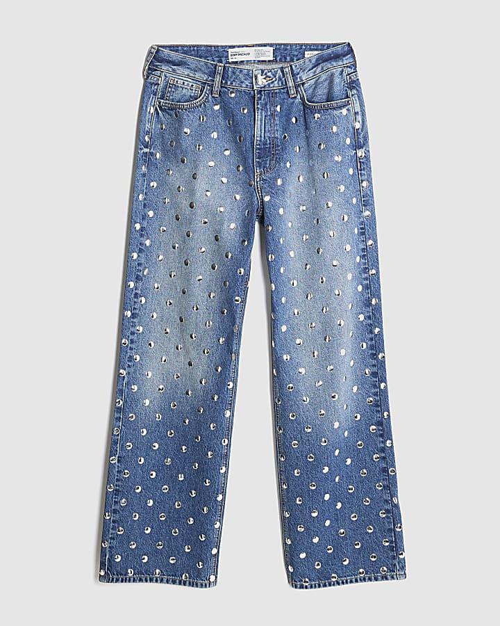 river island Blue Relaxed Straight Leg Studded Jeans