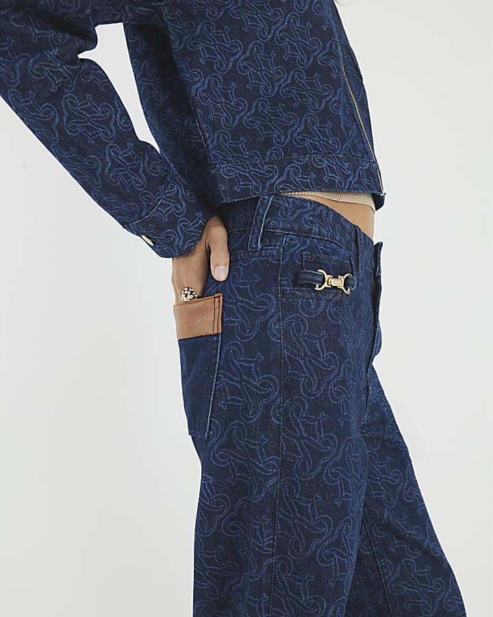 River Island Blue Relaxed Straight Monogram Print Jeans