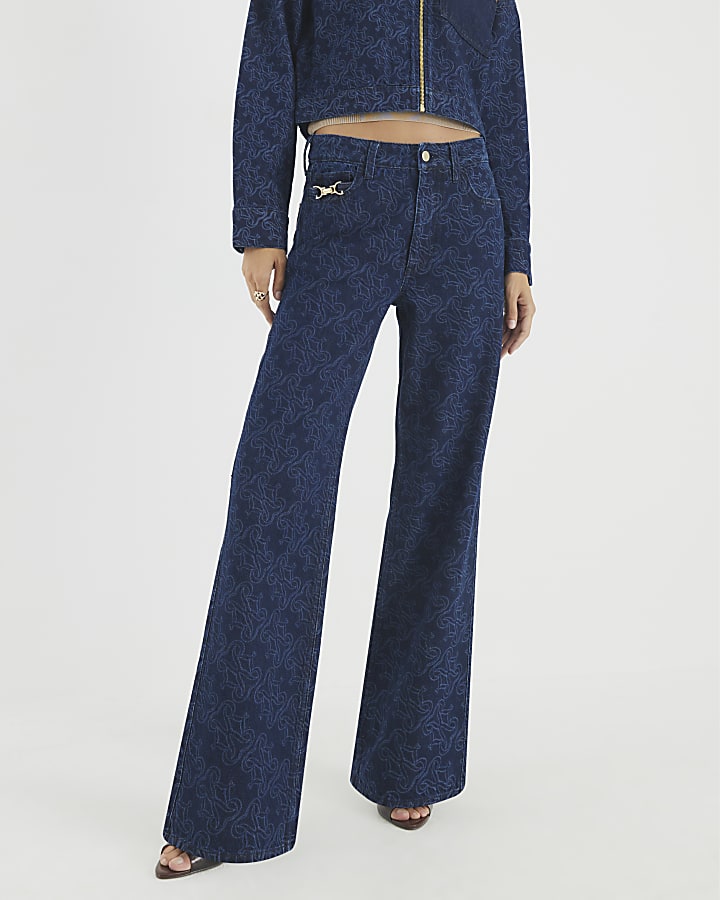 River Island Blue Relaxed Straight Monogram Print Jeans
