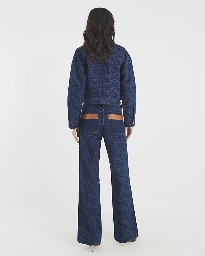 River Island Blue Relaxed Straight Monogram Print Jeans