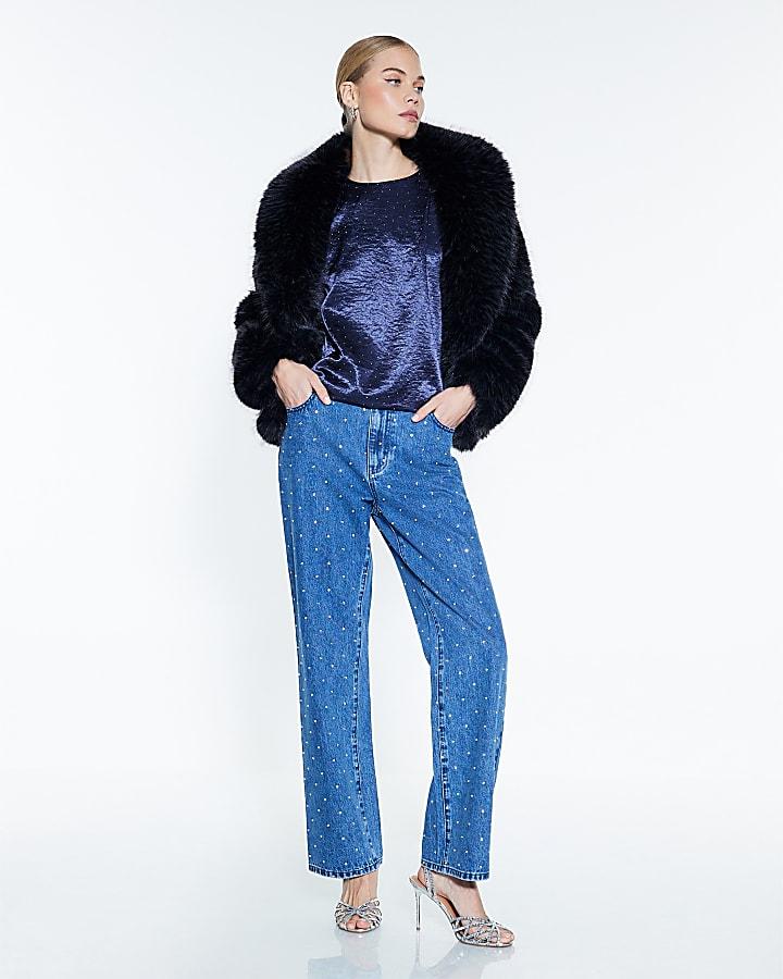 River Island Blue Satin Diamante Short Sleeve T-shirt