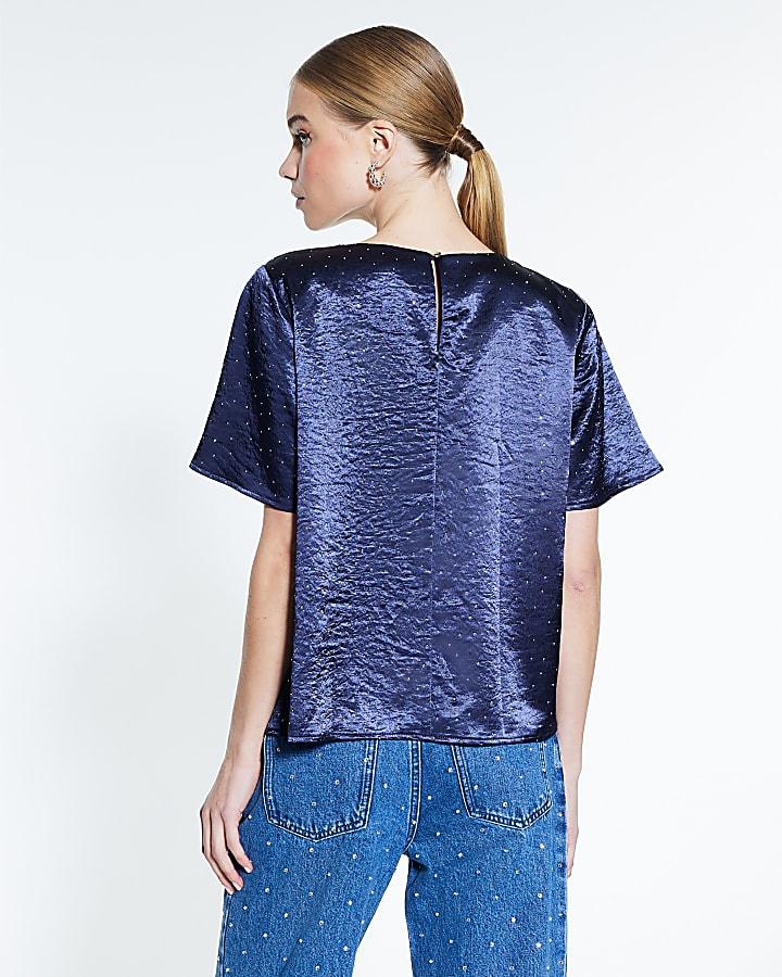 River Island Blue Satin Diamante Short Sleeve T-shirt