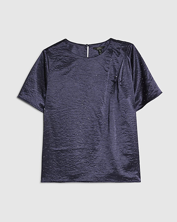 river island Blue Satin Diamante Short Sleeve T-shirt