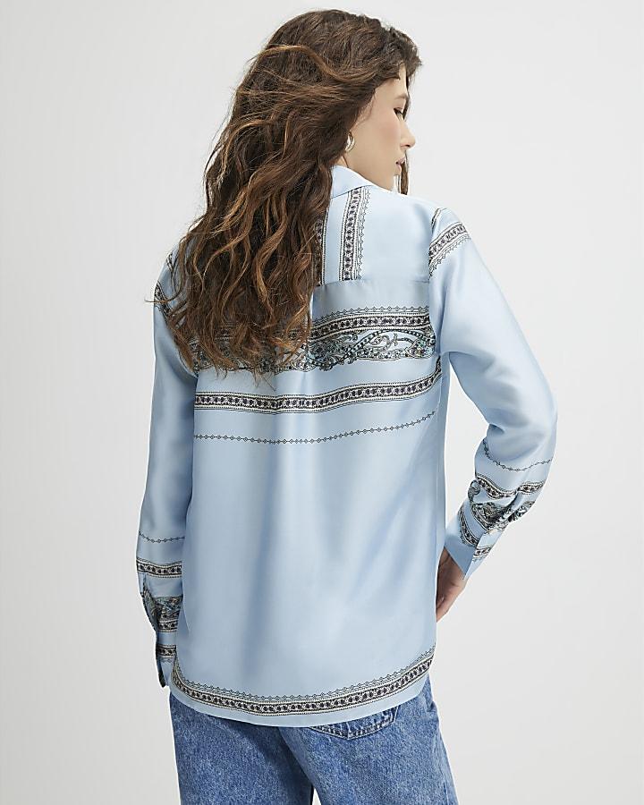River Island Blue Satin Paisley Print Long Sleeve Shirt