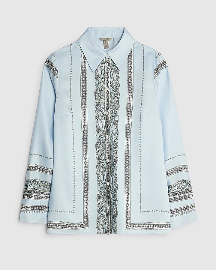 river island Blue Satin Paisley Print Long Sleeve Shirt