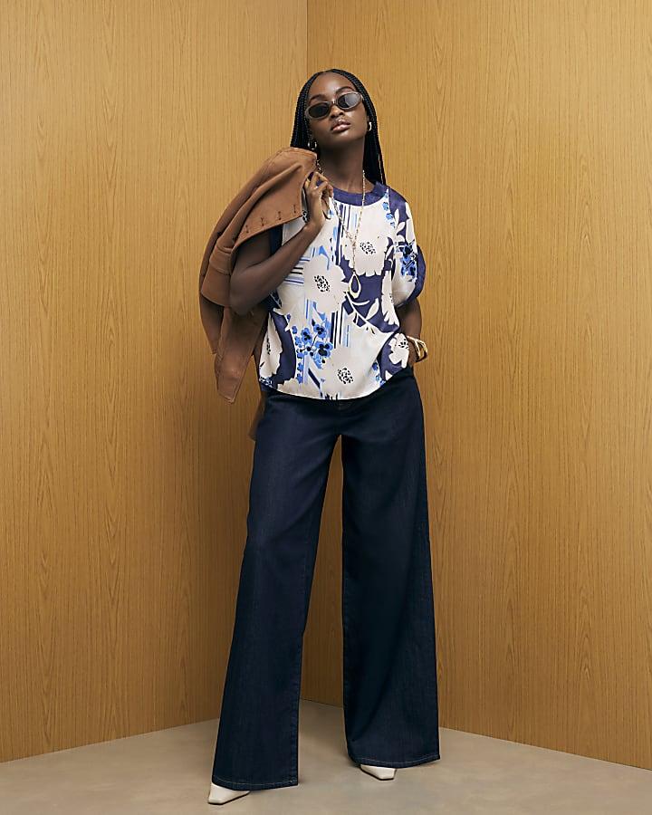 River Island Blue Satin Short Sleeve Floral Print Top