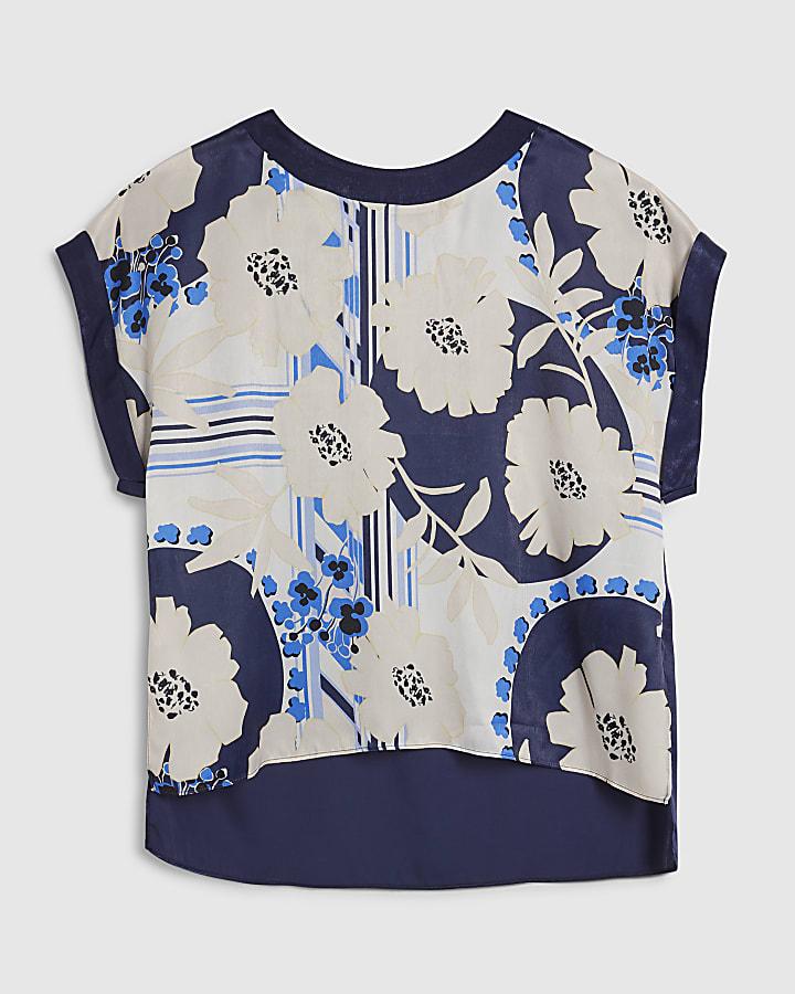 river island Blue Satin Short Sleeve Floral Print Top
