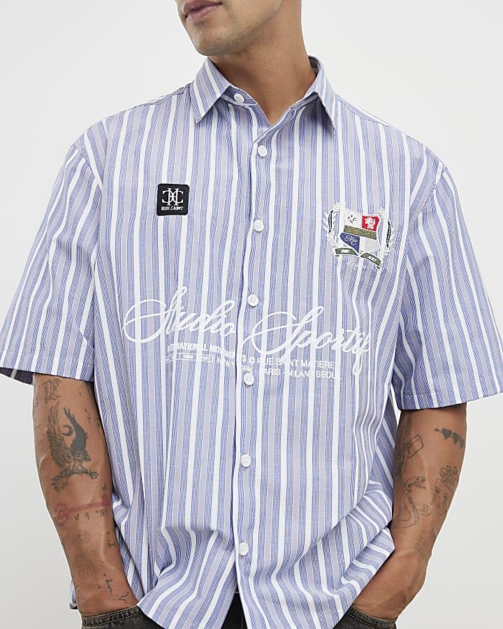 River Island Blue Short Sleeve Striped Badged Shirt
