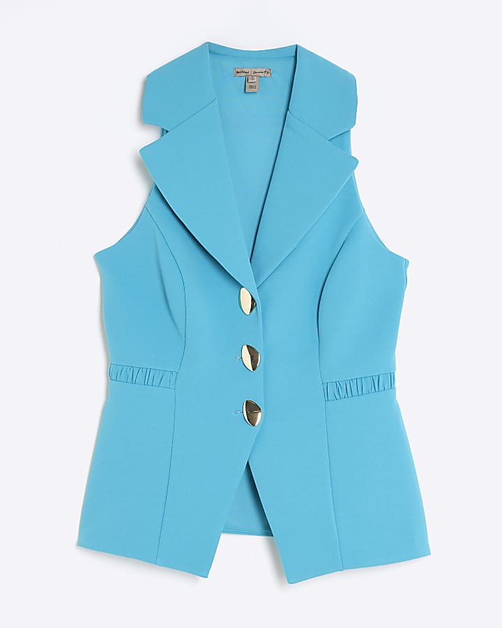 river island Blue Sleeveless Collared Elastic Waistcoat