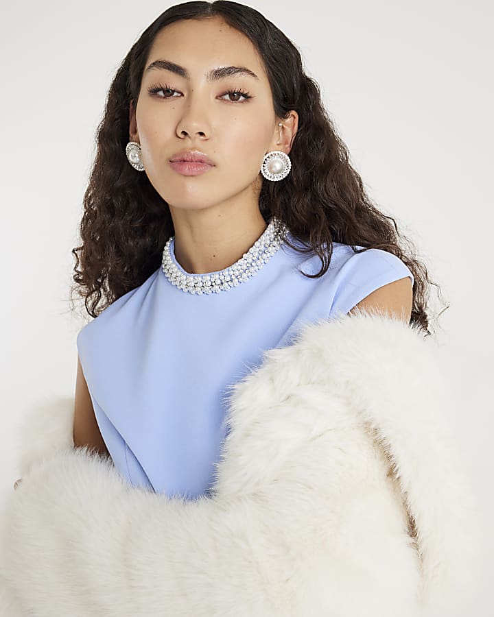 River Island Blue Sleeveless Diamante Collar Bow Back Top