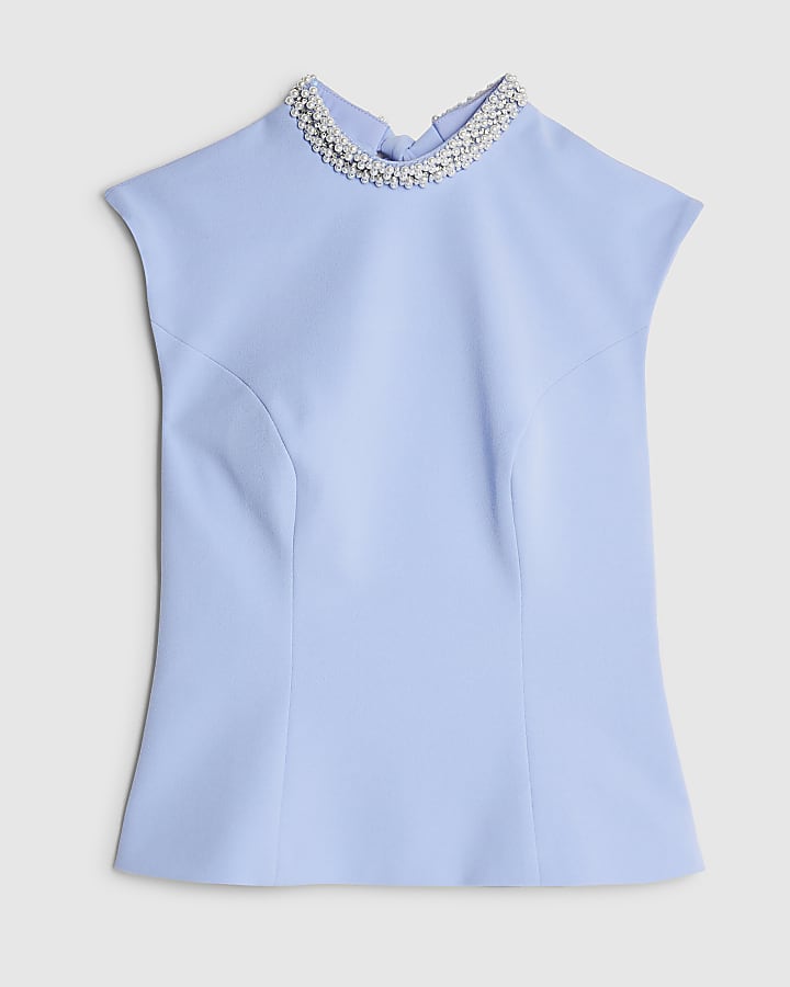 river island Blue Sleeveless Diamante Collar Bow Back Top