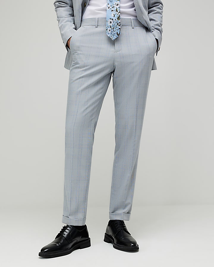 River Island Blue Slim Fit Check Slim Suit Trousers