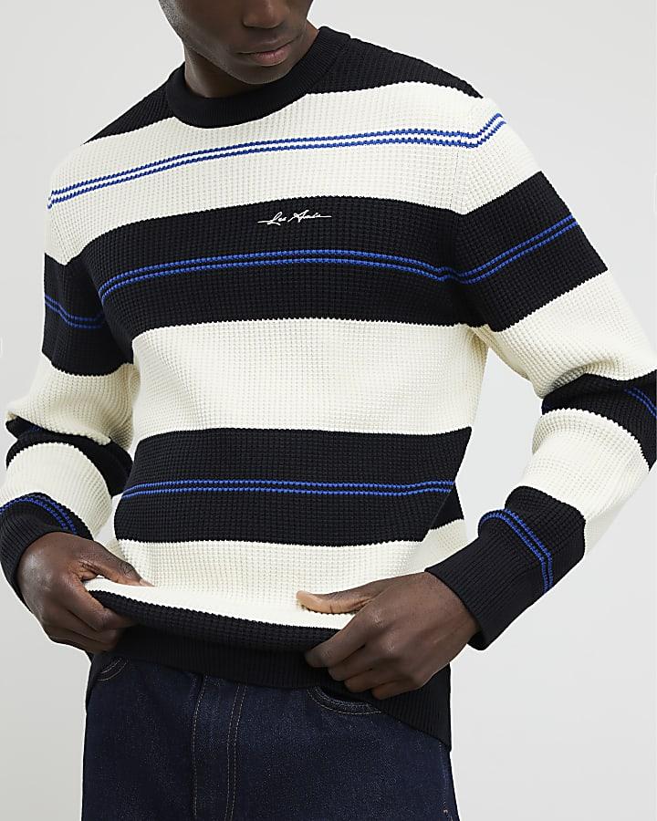 River Island Blue Slim Fit Stripe Waffle Knitted Jumper