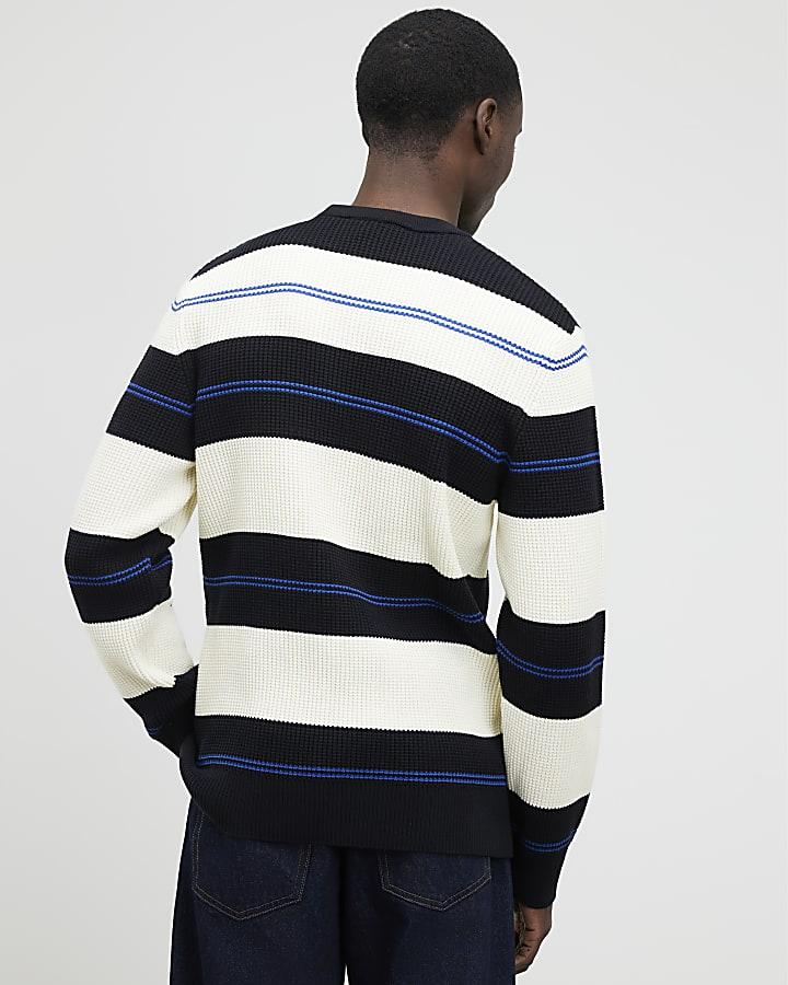 River Island Blue Slim Fit Stripe Waffle Knitted Jumper