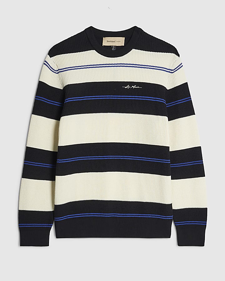river island Blue Slim Fit Stripe Waffle Knitted Jumper