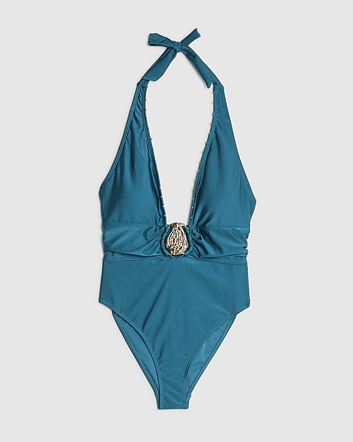 river island Blue Studded Plunge Halterneck Swimsuit