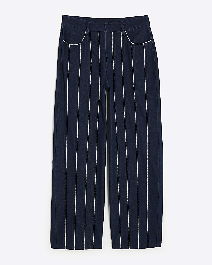 river island Blue Wide Leg Diamante Embellished Jeans