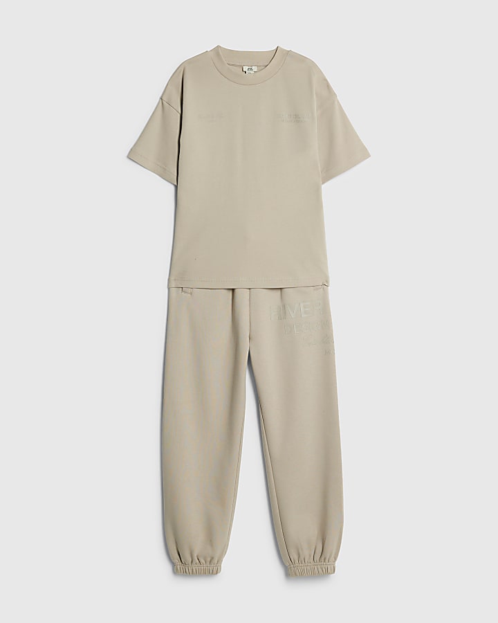 River Island Boys Beige Oversized RI T-Shirt Joggers Set