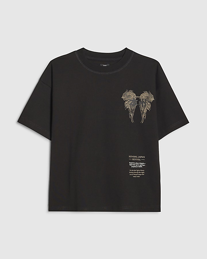 River Island Boys Black Oversized Dragon Japanese T-Shirt