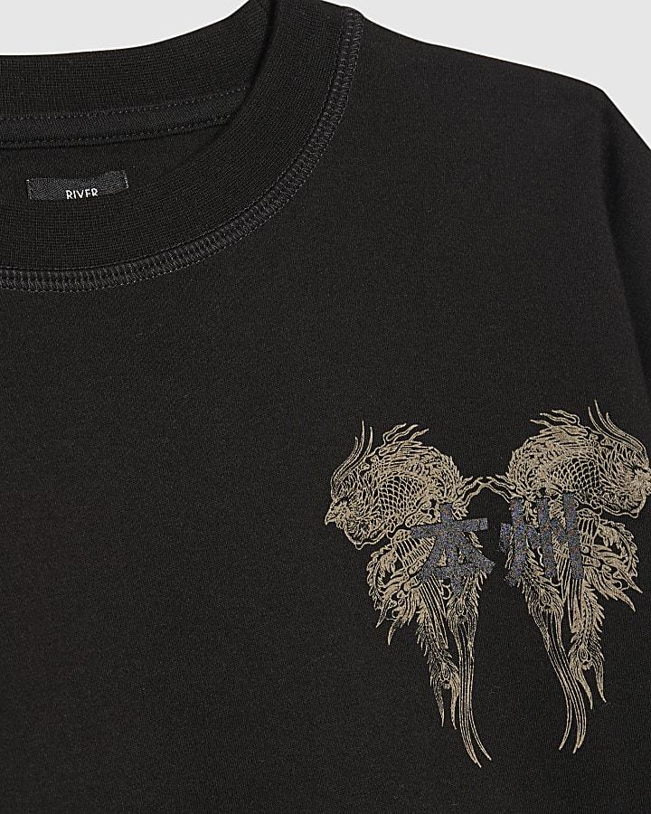 River Island Boys Black Oversized Dragon Japanese T-Shirt