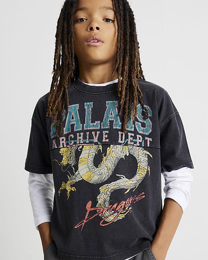 River Island Boys Black Oversized Palais Dragon T-Shirt