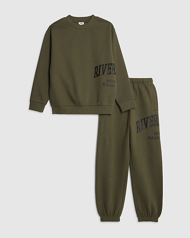 River Island Boys Khaki River Branded Sweatshirt Set