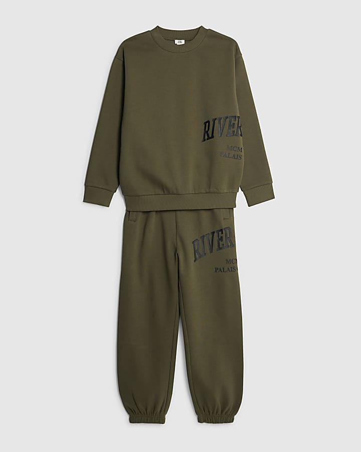 River Island Boys Khaki River Branded Sweatshirt Set