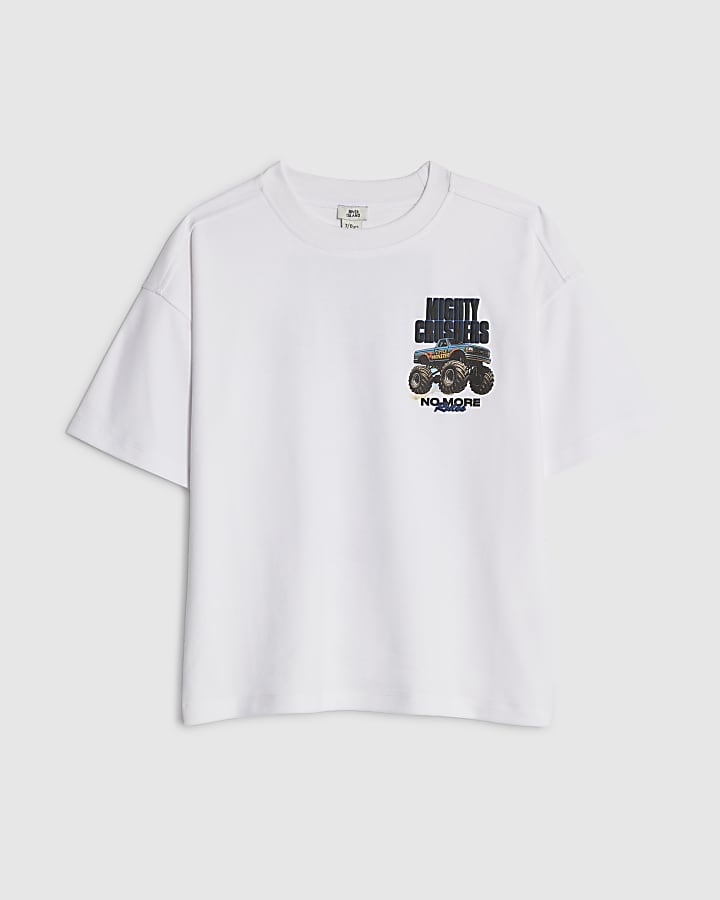 River Island Boys White Mighty Truck Back Print T-Shirt